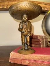 Rare Vintage 1940s Russwood Solid Cast Bronze Mexican Man Sombrero Trinket Dish
