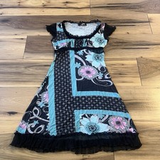 Vtg Y2K Morgan de Toi boho floral patchwork dress black blue pink ruffle hem S