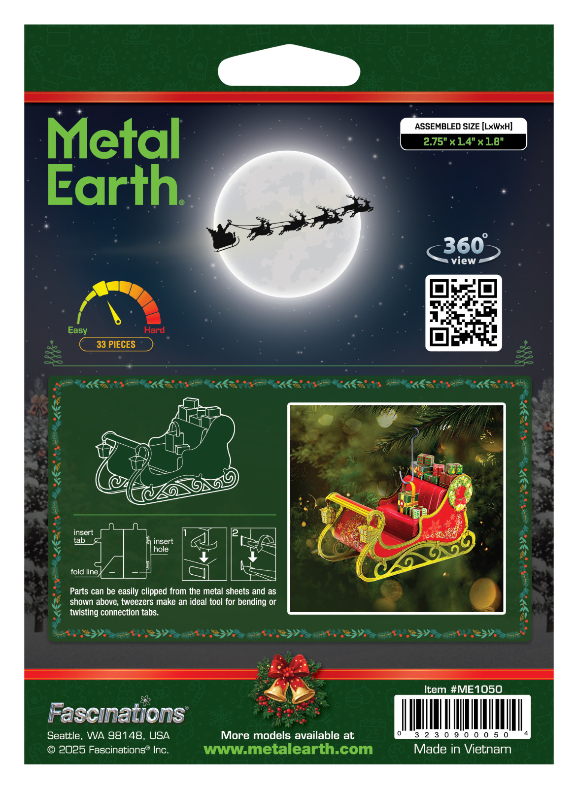 Fascinations Metal Earth CHRISTMAS SLEIGH "Holiday Ornament" 3D Model Kit ME1050