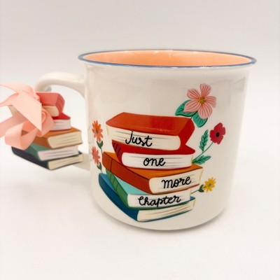 Just One More Chapter Book Stack Floral Ceramic Coffee Mug White Bibliophile