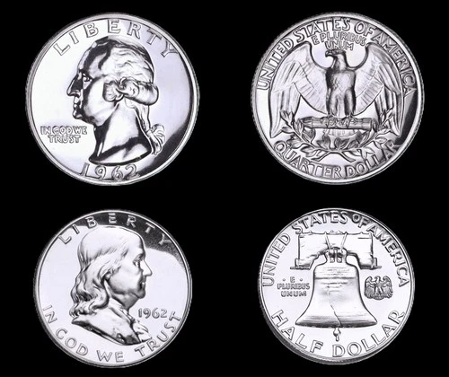 1962 GEM-PROOF FRANKLIN & WASHINGTON SILVER HALF & QUARTER DOLLAR'S GEM-PR++++
