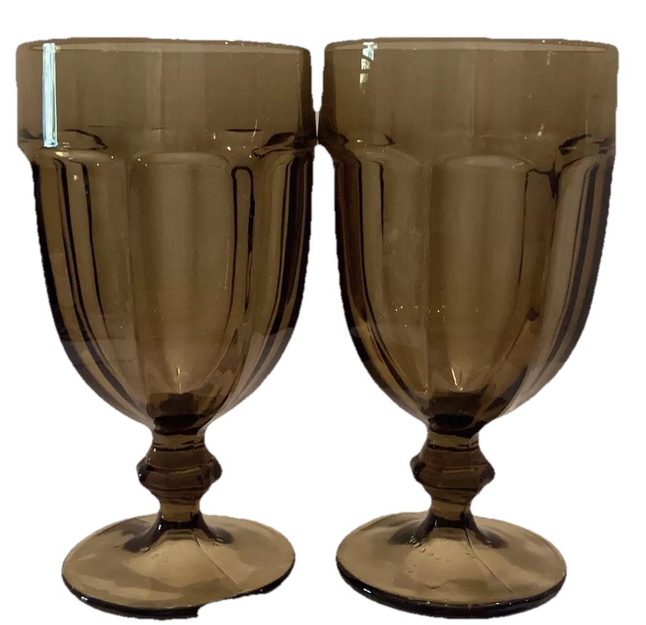 2-Vintage Libbey Duratuff Amber  7” Gibraltar Goblet Ice Tea/Wine/Water Glasses