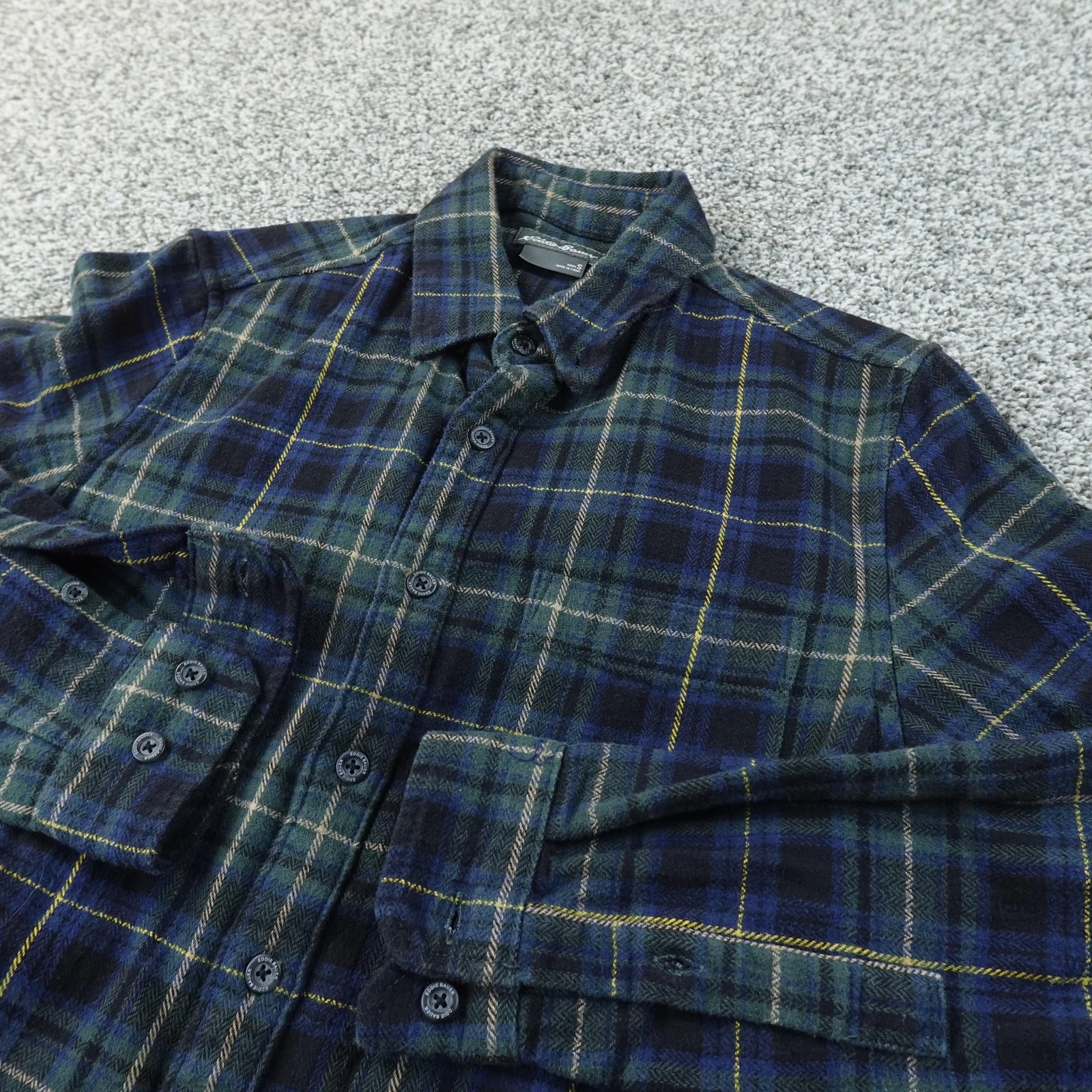Eddie Bauer Shirt Mens S Blue Green Plaid Flannel Button Up Long Sleeve Outdoor