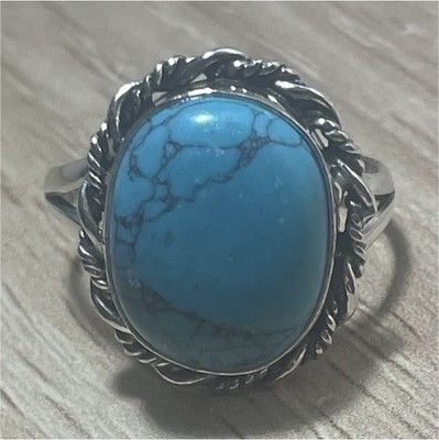 Native American Natural Turquoise Oval Bezel Setting Sterling Silver 925 Ring S9