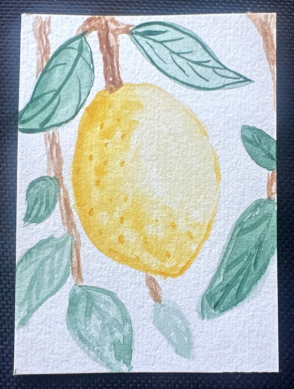 aceo original watercolor italian lemon yellow and green painting 2.5 x 3.5
