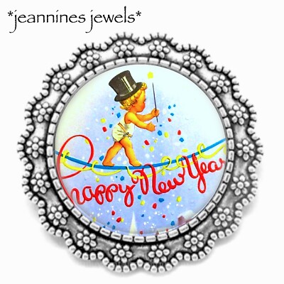 Happy New Year BROOCH Lapel Pin Mid Century Vintage ART PRINT New Years Eve Gift