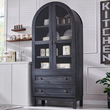 71" Tall Arched Grey Kitchen Pantry Cabinet with Adjustable Shelves  Drawers