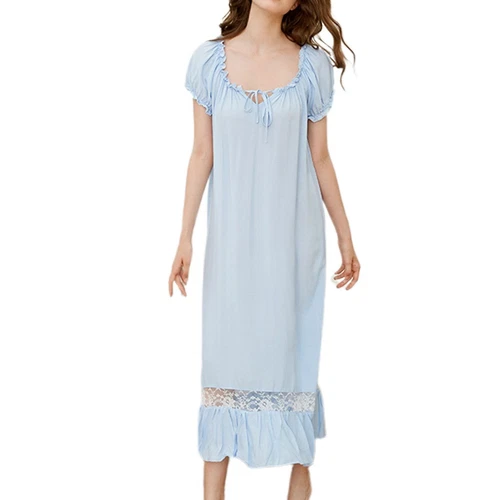 Camisón de mujer princesa manga corta cuello cuadrado algodón suave vestido largo para dormir - Imagen 15 de 34