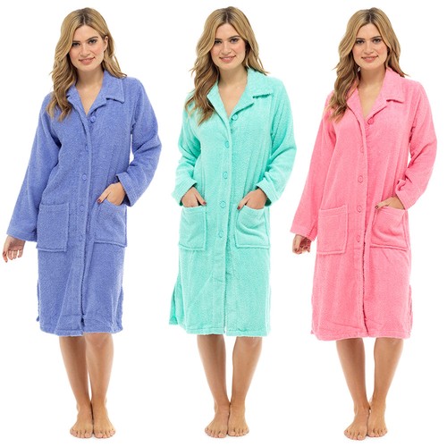Womens Terry Towelling Zip / Button Through Dressing Gown Bath Robe Wrap 8 - 22 - Picture 5 of 20