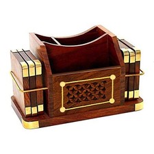 Juego organizador de escritorio de madera posavasos artesanales, soporte para bolígrafo, tarjetero