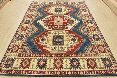 Geometric Kazak Carpet 8 3  x 10 8  Blue Wool Tribal Hand-Knotted Oriental Rug