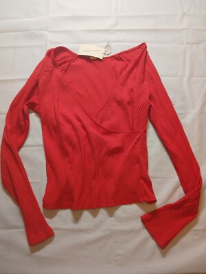 theredthread S slit fit tops petal Red Soft Rib Fitted Short