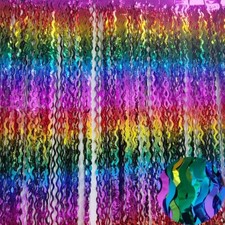 Shiny Wavy Rainbow Foil Fringe Curtains 3.3x6.6ft Tinsel Metallic Streamers C...