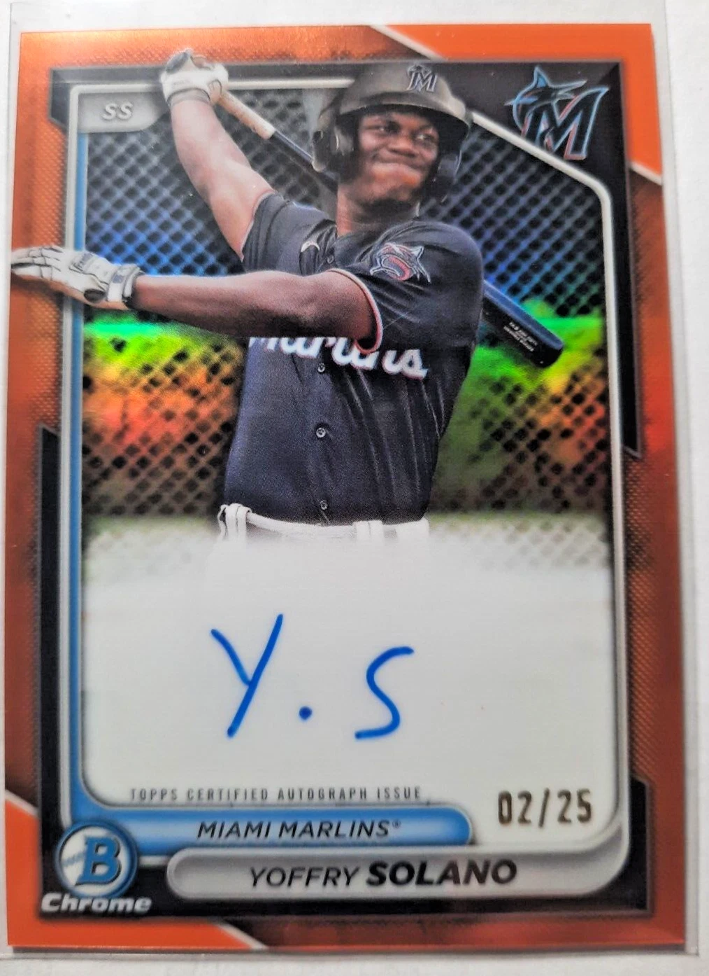 2024 Bowman Chrome Yoffry Solano Auto /25 True Orange Refractor Marlins CPA-YS