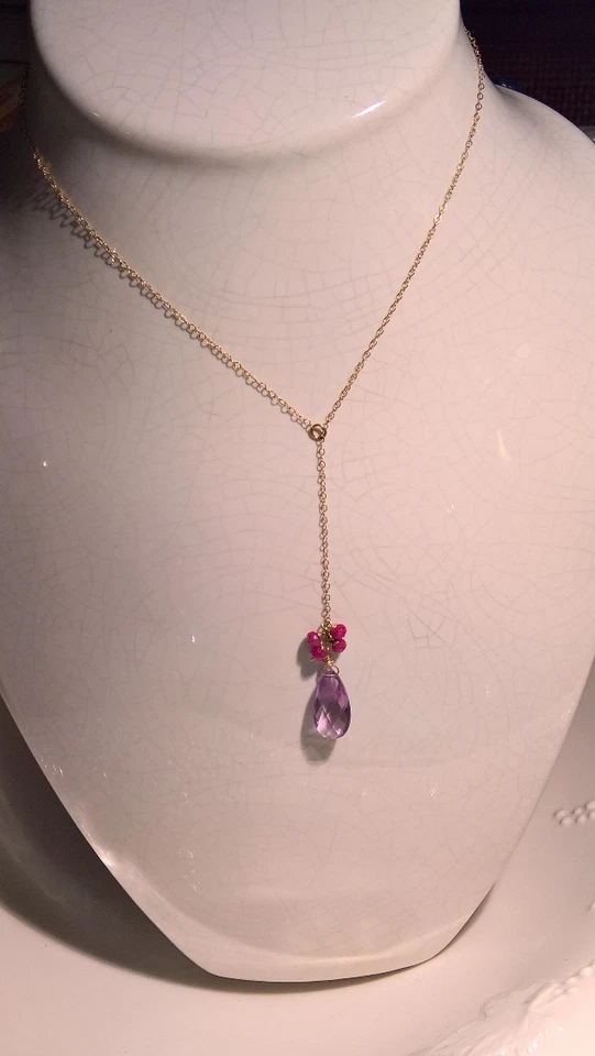 Collar Lariat Y Oro 14k Facetado Amatista Gota y Rubí 1990 De Colección Nuevo Foto 4 de 4
