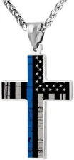 American Flag Patriotic Cross Pendant Necklace Christian Religious Men&women24in