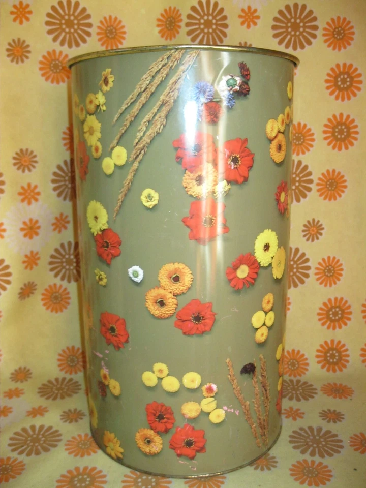 Vintage 70s Ancien BARIL POUBELLE PUBLICITAIRE LESSIVE PERSIL 40x23 FLEURS BIDON - Photo 3/4