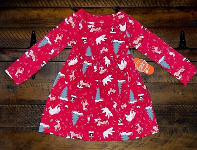 Girls Dress Red Long Sleeved Winter  Cotton Snow Animals Pockets