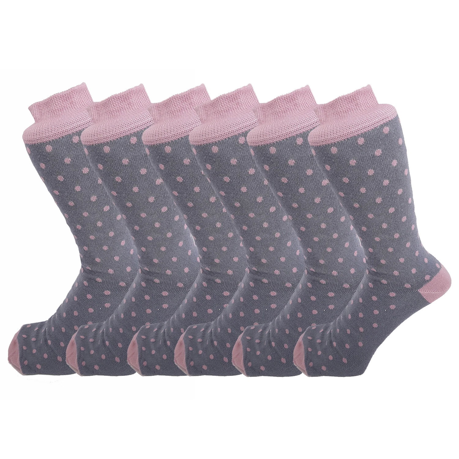 6 Pairs Men Cotton Rich Grey/Dusky Pink Polka Dot Everyday Ankle Socks