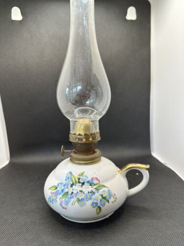 Vintage Small Porcelain Oil Lamp Kelvin Fine China with clear chimney 10 1/2 in  - Picture 1 of 7