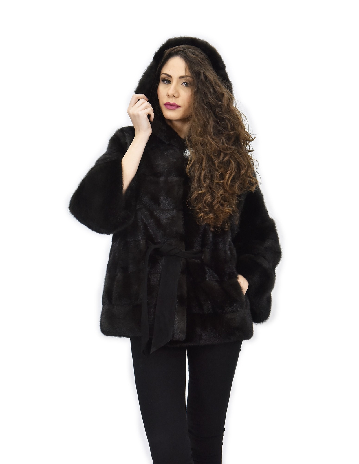 Grey jacket dorsato 50 fur mink hooded leather belt sleeve 3/4