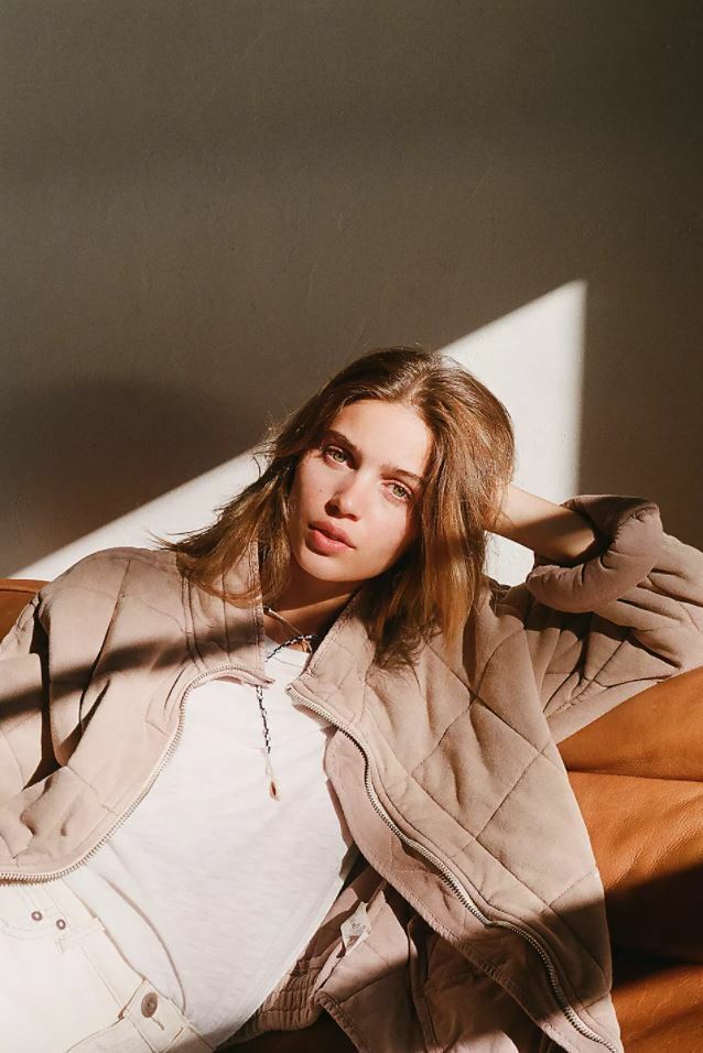 AUTH Free People Dolman Quilted Knit Jacket Champagne Diamond rose