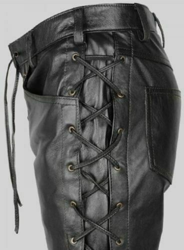 Herren Echt Schwarz Lederhose Leder Biker Schnürsenkel Hose Hose Hosen BLAU - Bild 5 von 5