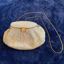RARE Vintage La Regale Fully Beaded White Iridescent Wedding Purse w/Gold Strap
