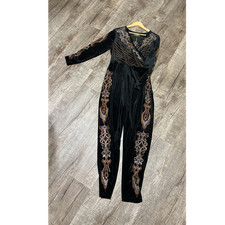 Women's Black Velvet Embroidered V-Neck Long Sleeve Skinny Leg Jumpsuit M