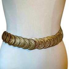 Vintage Gold Tone Embossed Coin Medallion Disc Retro Boho Stretch Belt