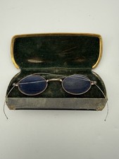 Antique Blue Tinted Wire Rim Eyeglasses Oval Lenses w/ Original Case Eyewear
