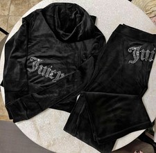 Juicy Couture y2k Black velour rhinestone bling tracksuit size Large