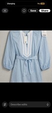 Tory Burch Cotton A-Line Belted Knee Length Dress Blue White 3/4 Sleeve Size L