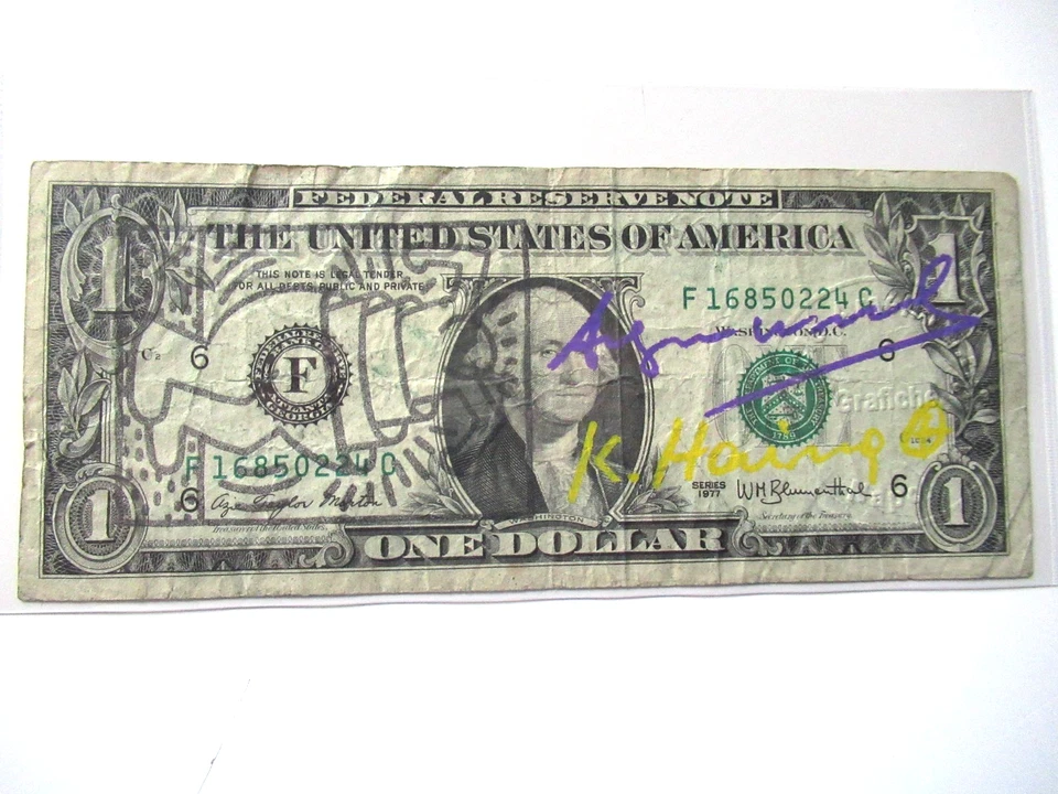 A. WARHOL/K. HARING: 1 US Dollar 2x ORIGINAL SIGNIERT,  MIT AMTL. ST. 1977