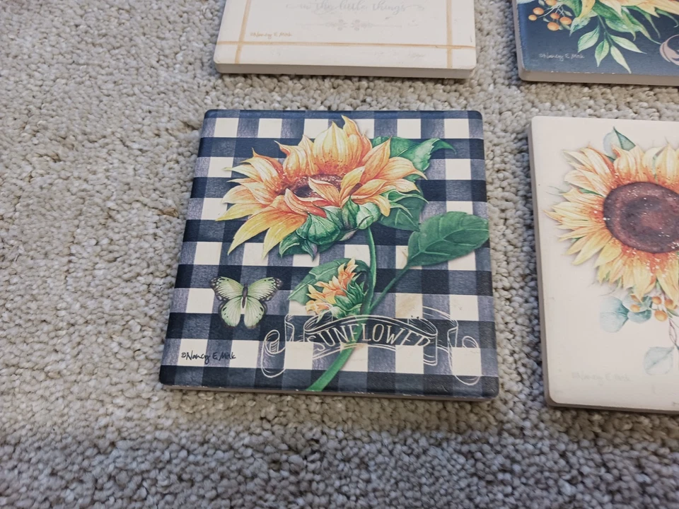 Nancy E 水貂向日葵印花手动吸水石杯垫礼品 4 件套 — 第 4/4 张图片