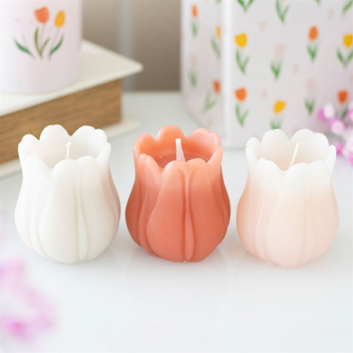 Set of 3 Tulip Flower Spring Summer Shaped Unscented Candles.