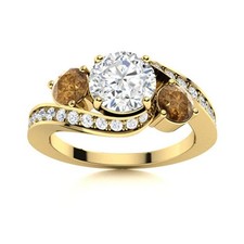 925 Silver Gold Plated Round White Topaz  Smoky Quartz Three Stone Women Ring
