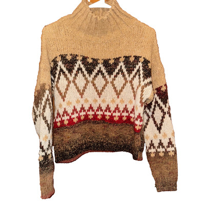 Anthropologie mock neck Sweater Small Tan Long Sleeve Argyle nordic Italy warm