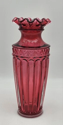 Vintage Fenton Cranberry Glass Ruffled Rim Vase Fluted Column Design Ribbed UV
