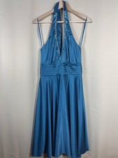 Blue Satin Embellished Halter Neck Dress Size 14 Special Occasion Wedding Guest