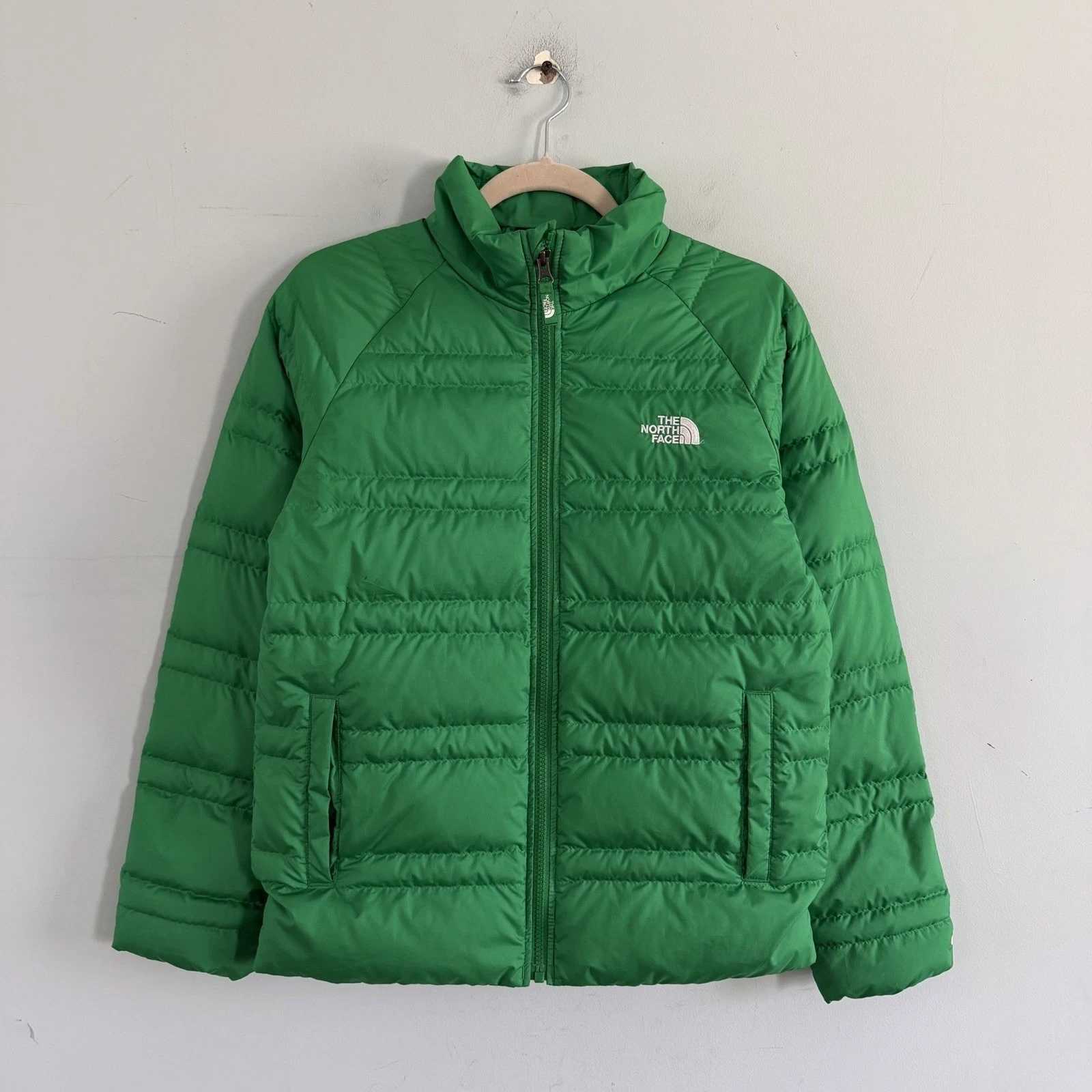 The North Face 550 Down Fill Puffer Jacket Green Full Zip Boys Large 14/16