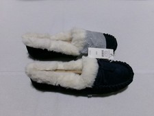 U56 TALBOTS Faux Fur Moccasin Slippers with Bow Navy Womens Shoe Size 6