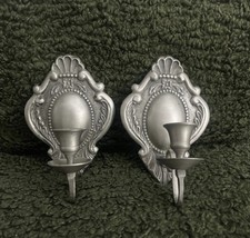 Vintage Pair of Ornate Brass Wall Candle Sconces - Silver/Pewter Finish 