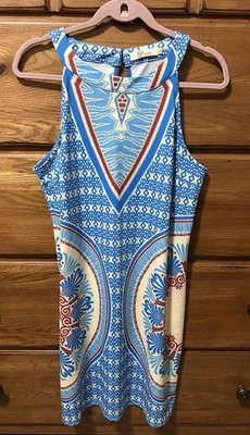 Aryeh Blue White Geometric Medallion Border Print Halter Shift Dress Large