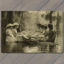 POSTCARD Edwardian Ladies Tea Table Swamp Alligator Surreal Gothic