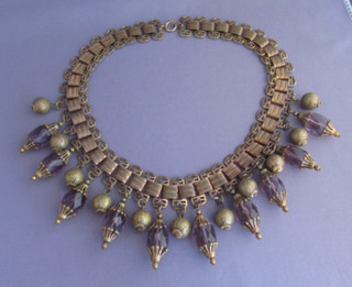 ANTIQUE BRASS MEDIEVAL ETRUSCAN REVIVAL DRAPE BIB CAGED PURPLE GLASS NECKLACE