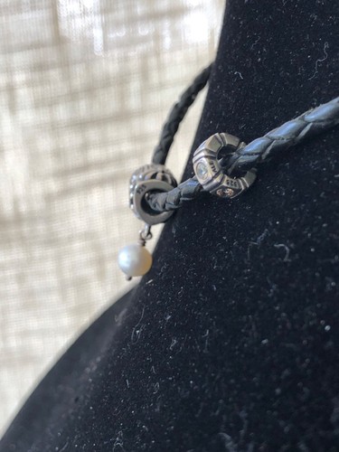 Pandora Woven Leather Barrel Clasp CHOKER/2 Spacers/1 Flower Hanging Pearl Charm - Picture 6 of 7