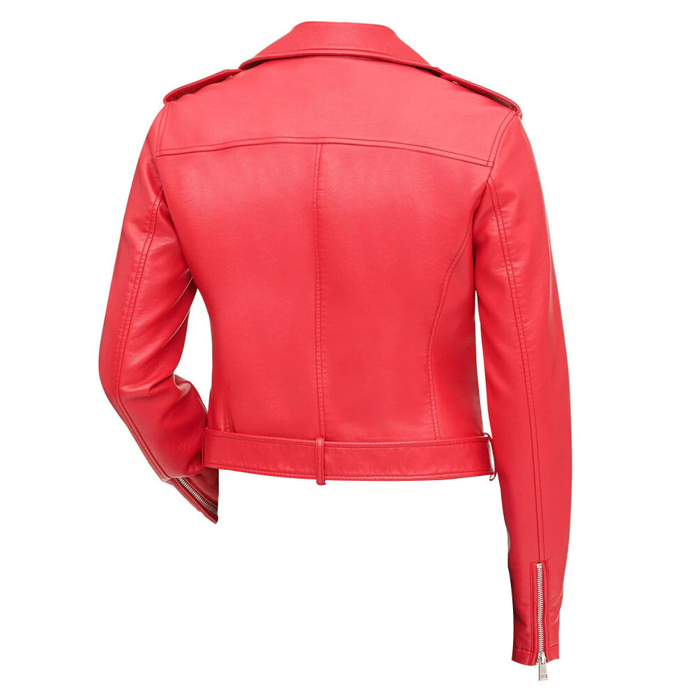 WOMENS CLASSIC LADIES FASHION DESIGNER BIKER STYLE RED REAL LEATHER