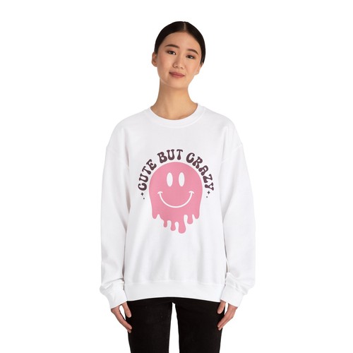 Cute But Crazy Smiley Face Women's Graphic Sweatshirt Cozy Crewneck - Picture 5 of 21