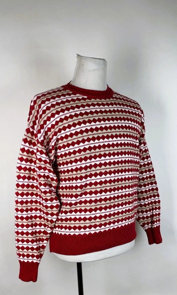 Suéter Tejido Vintage Años 80 Geométrico Rojo Algodón Seda Crew Suéter Rockabilly M Foto 2 de 4